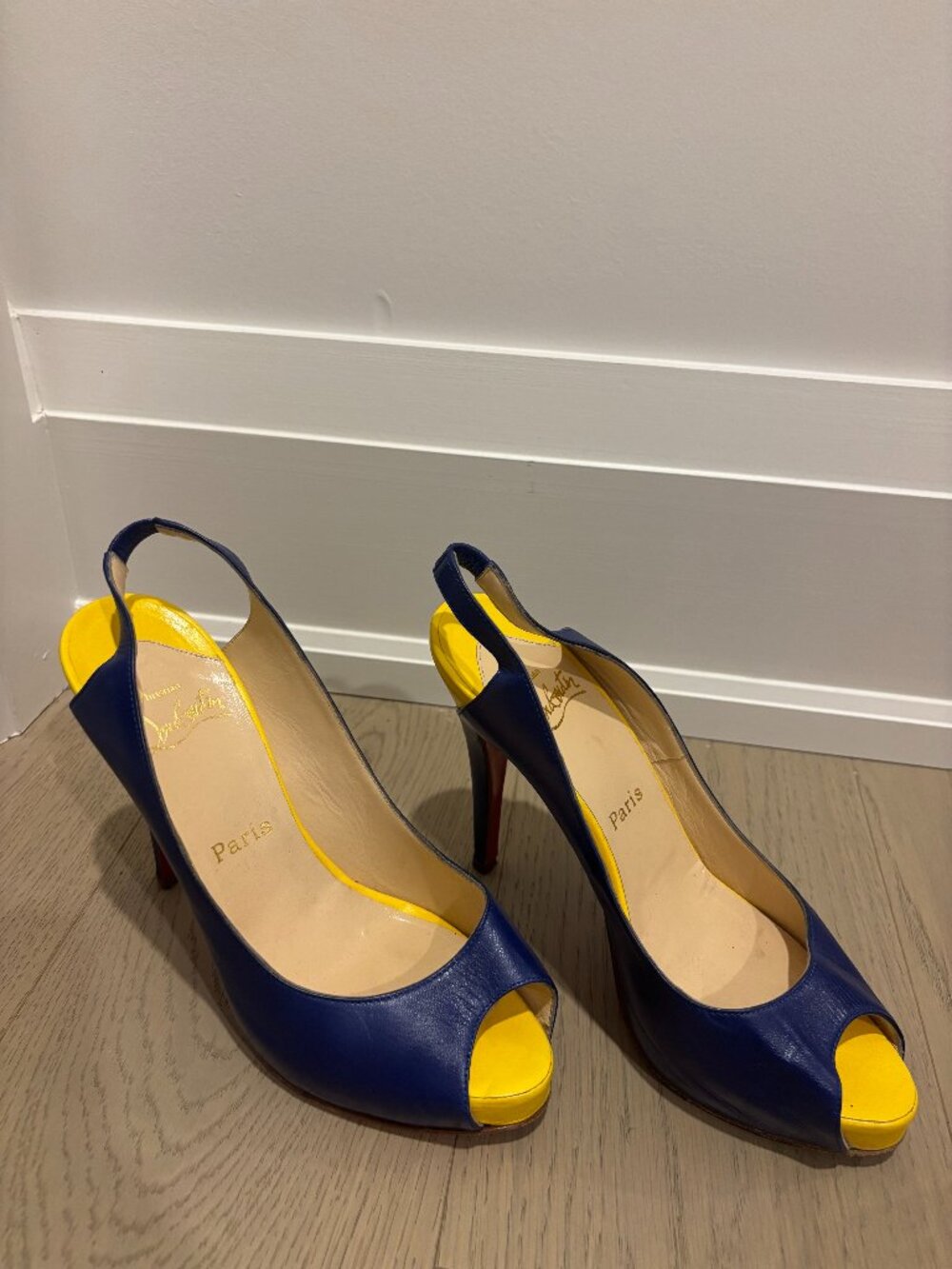 Christian Louboutin Blue & Yellow Peep Toe Slingback Heels Sz 38.5